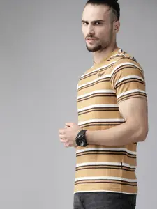 Roadster Men Mustard Yellow & White Cotton Striped T-shirt