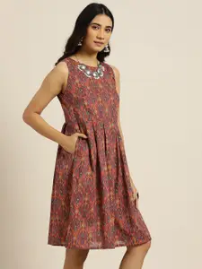Sangria Women Pink & Navy Blue Pure Cotton Ikkat Print A-Line Dress with Gathered Waist