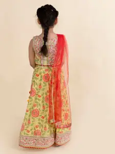 pspeaches Girls Yellow & Red Printed Ready to Wear Lehenga & Blouse With Dupatta