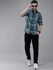 Roadster Men Blue & Black Tartan Checked Pure Cotton Casual Shirt