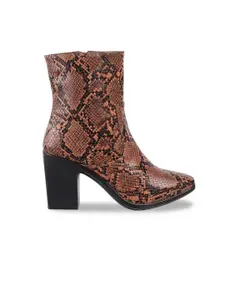 Catwalk Tan Animal Textured & Printed Block Heeled Boots With Zip