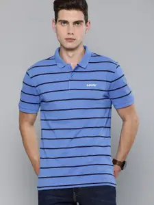 Levis Men Blue & Black Striped Polo Collar T-shirt