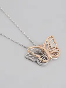Carlton London Rose Gold-Toned & Silver-Toned Rhodium-Plated Butterfly Pendant with Chain