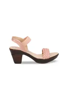 Denill Women Peach-Coloured Woven Design Open Toe Platform Heels