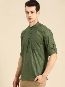 RAJUBHAI HARGOVINDAS Men Olive Green Cotton Striped Handloom Kurta