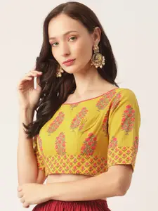 Studio Shringaar Yellow & Pink Jaipuri Block Print Pure Cotton Saree Blouse