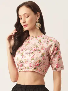 Studio Shringaar Pink & Green Floral Print Saree Blouse