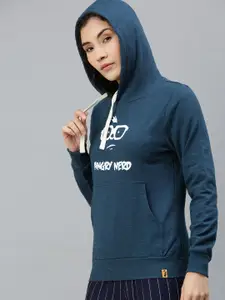 Campus Sutra Women Navy Blue Printed Hooded Sweatshirt