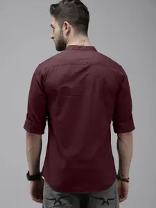 Roadster Men Burgundy Solid Mandarin-Collar Pure Cotton Casual Shirt