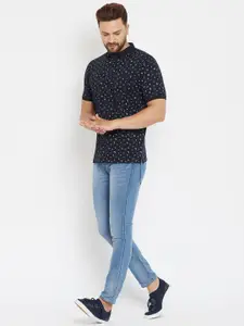 Crimsoune Club Men Navy Blue Printed Polo Collar Slim Fit T-shirt