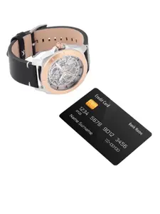 Fossil Men Silver-Toned Skeleton Dial & Black Leather Straps Automatic Watch BQ2428