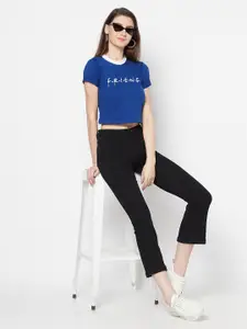 Purple State Women Blue & White Friends Printed Regular Crop Top