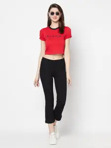 Purple State Women Red & Black Friends Printed Pure Cotton Crop Top