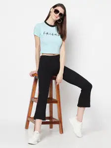 Purple State Turquoise Blue & Black Friends Printed Pure Cotton Crop Top