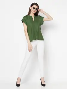 Purple State Women Green Extended Sleeves Pleated Regular Top