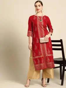 Anouk Women Maroon & Golden Block Print Straight Kurta