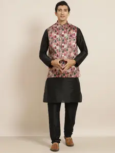 SOJANYA Men Black Kurta with Churidar & Nehru Jacket