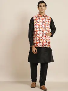SOJANYA Men Black Kurta with Churidar & Nehru Jacket