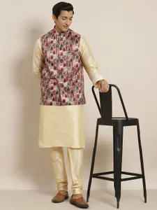 SOJANYA Men Golden Kurta with Churidar & Nehru Jacket