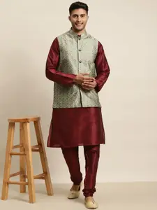 SOJANYA Men Maroon Solid Kurta with Churidar & Nehru Jacket