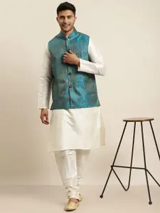 SOJANYA Men Off White Solid Kurta with Churidar & Nehru Jacket