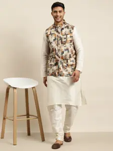 SOJANYA Men Off White Solid Kurta with Churidar & Nehru Jacket