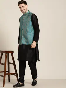 SOJANYA Men Black & Blue Solid Kurta Set with Nehru Jacket