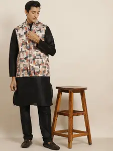 SOJANYA Men Black Kurta with Churidar & Nehru Jacket