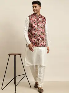 SOJANYA Men Off White Kurta with Churidar & Nehru Jacket
