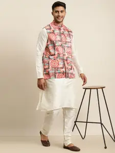 SOJANYA Men Off White Kurta with Churidar & Nehru Jacket