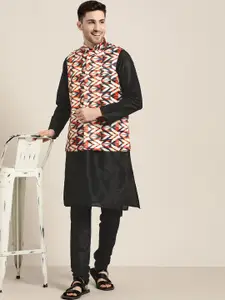 SOJANYA Men Black Geometric Print Kurta & Churidar with Nehru Jacket