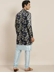 SOJANYA Men Blue Solid Kurta with Churidar & Printed Jacket
