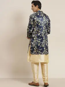 SOJANYA Men Golden & Navy Blue Solid Kurta with Churidar & Floral Printed Jacket