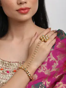 Ruby Raang Women Gold-Toned & White Kundan Ring Bracelet