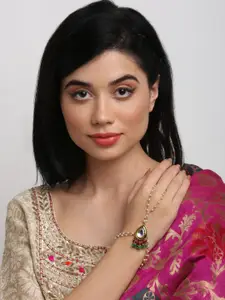 Ruby Raang Women Gold-Toned & White Kundan Ring Bracelet