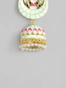 Peora Gold-Toned & Sea Green Dome Shaped Meenakari Jhumka Earrings