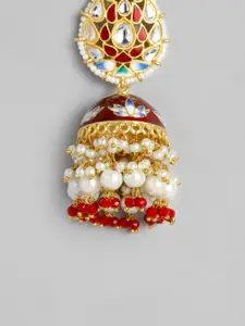 Peora Gold-Toned & Maroon Dome Shaped Meenakari Jhumkas Earrings