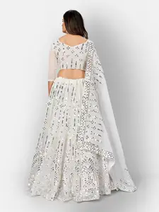 SHOPGARB White & Silver-Toned Embellished Mirror Work Semi-Stitched Lehenga Choli