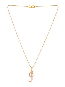 Silvermerc Designs Gold-Plated & White Cubic Zirconia-Studded J-Shaped Contemporary Pendant With Chain