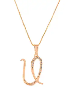 Silvermerc Designs Gold-Plated White CZ-Studded U-Shaped Contemporary Handcrafted Pendant With Chain