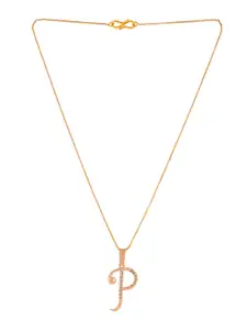 Silvermerc Designs Gold-Plated White CZ-Studded P-Shaped Contemporary Handcrafted Pendant With Chain
