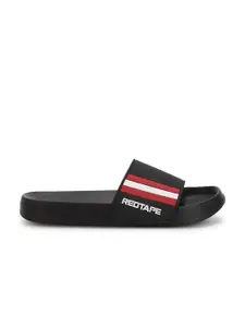 Red Tape Men Black & Red Printed Rubber Sliders