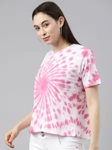 JUNEBERRY Women White & Pink Tie and Dye T-shirt