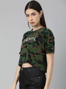 JUNEBERRY Women Olive Green & Brown Camouflage Printed Crop Pure Cotton T-shirt