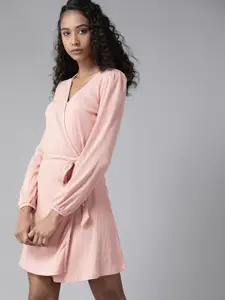 Roadster Pink Solid Ribbed Wrap Dress