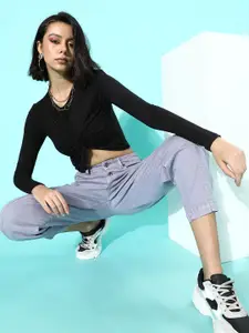 Roadster Black Solid Round Neck Regular Sleeves Twisted Fitted Crop Top