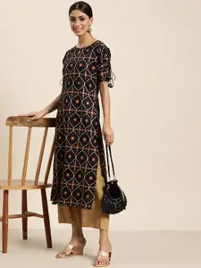 Sangria Women Navy Blue & Golden Ethnic Motifs Printed Keyhole Neck Kurta