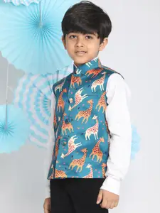 VASTRAMAY Boys Turquoise-Blue & Orange Giraffe Printed Slim-Fit Satin Nehru Jacket