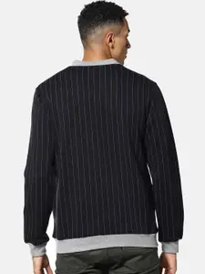 Campus Sutra Men Blue & Grey Striped Windcheater Bomber with Patchwork Jacket