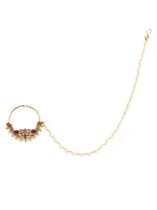 I Jewels Red & White Antique Gold-Plated Pearl Studded Beaded Chained Nose Ring